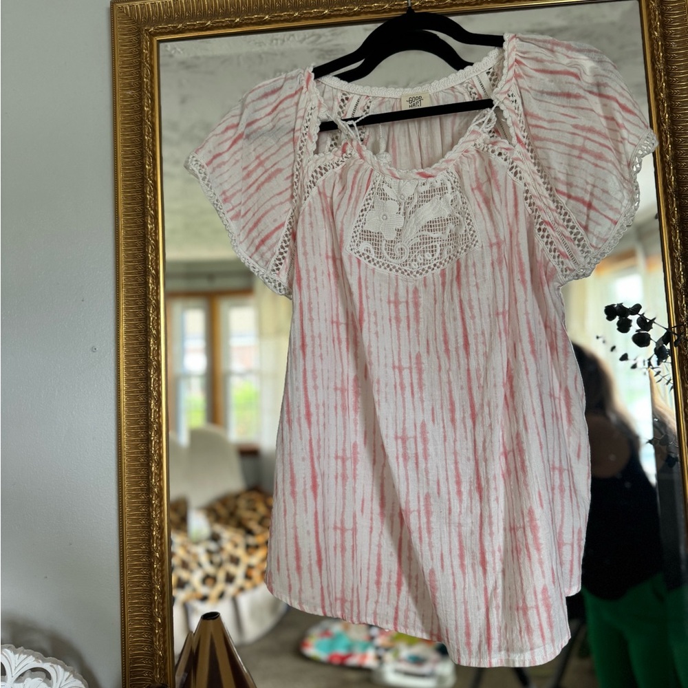 ⨠Boho Coastal Blush Tie-Dye Lace Detail Top | Summer Resort Chic Blouse - Picture 7 of 8